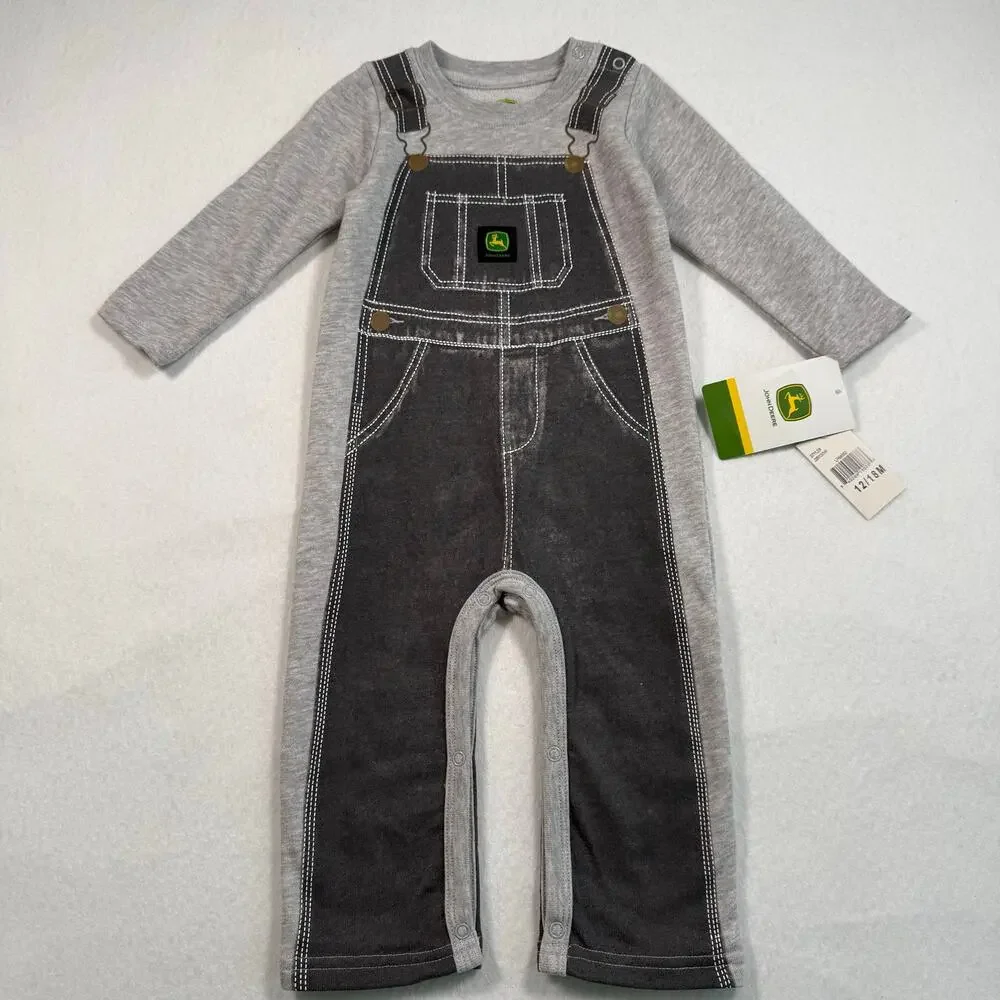 NWT John Deere Baby boys coverall long sleeve onesie gray size 12-18months